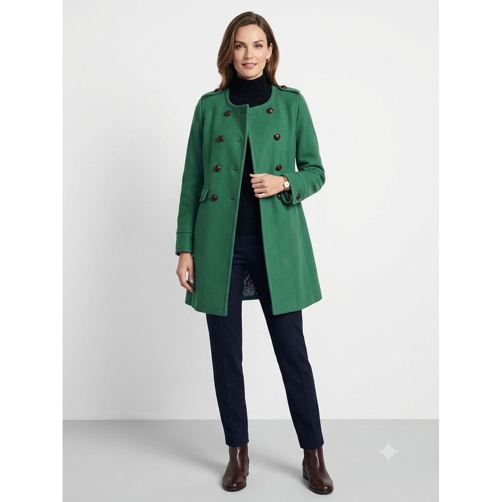 Lands End Womens Green Double Breasted Wool Blend Pea Coat Jacket 4P Petite
